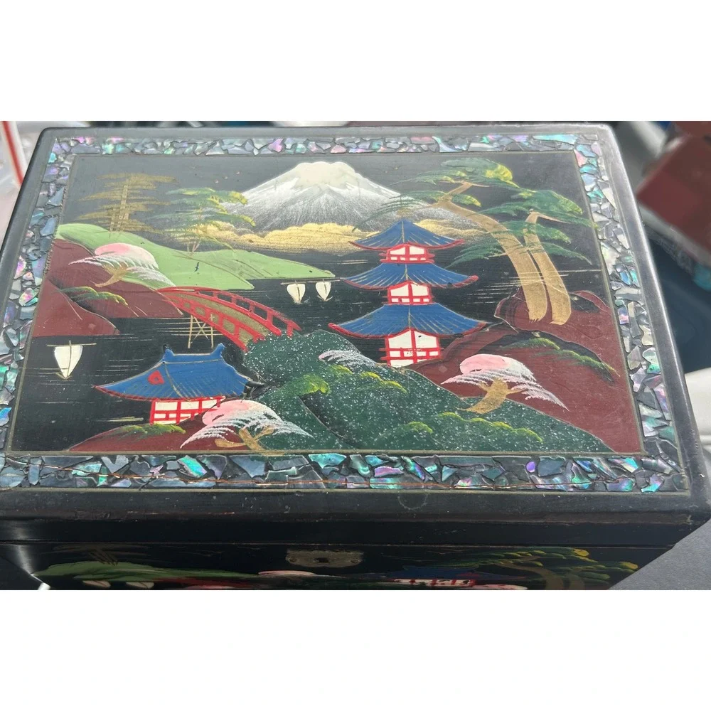 Vintage Japanese Lacquer Jewelry Box Abalone Inlay Mt Fuji Pagoda Black Blue